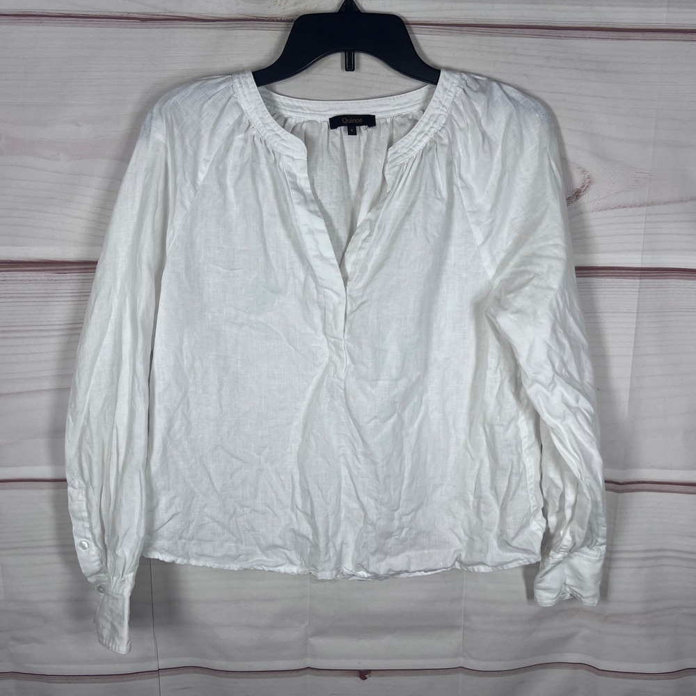 Quince Blouse Women Small White Linen V-Neck Long Sleeve Top Minimalist Pullover